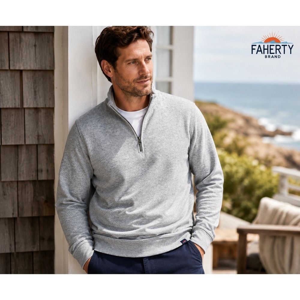 Faherty Brand Quarter Zip Sweater Mens M Medium Gray Fisherman Knit Pullover